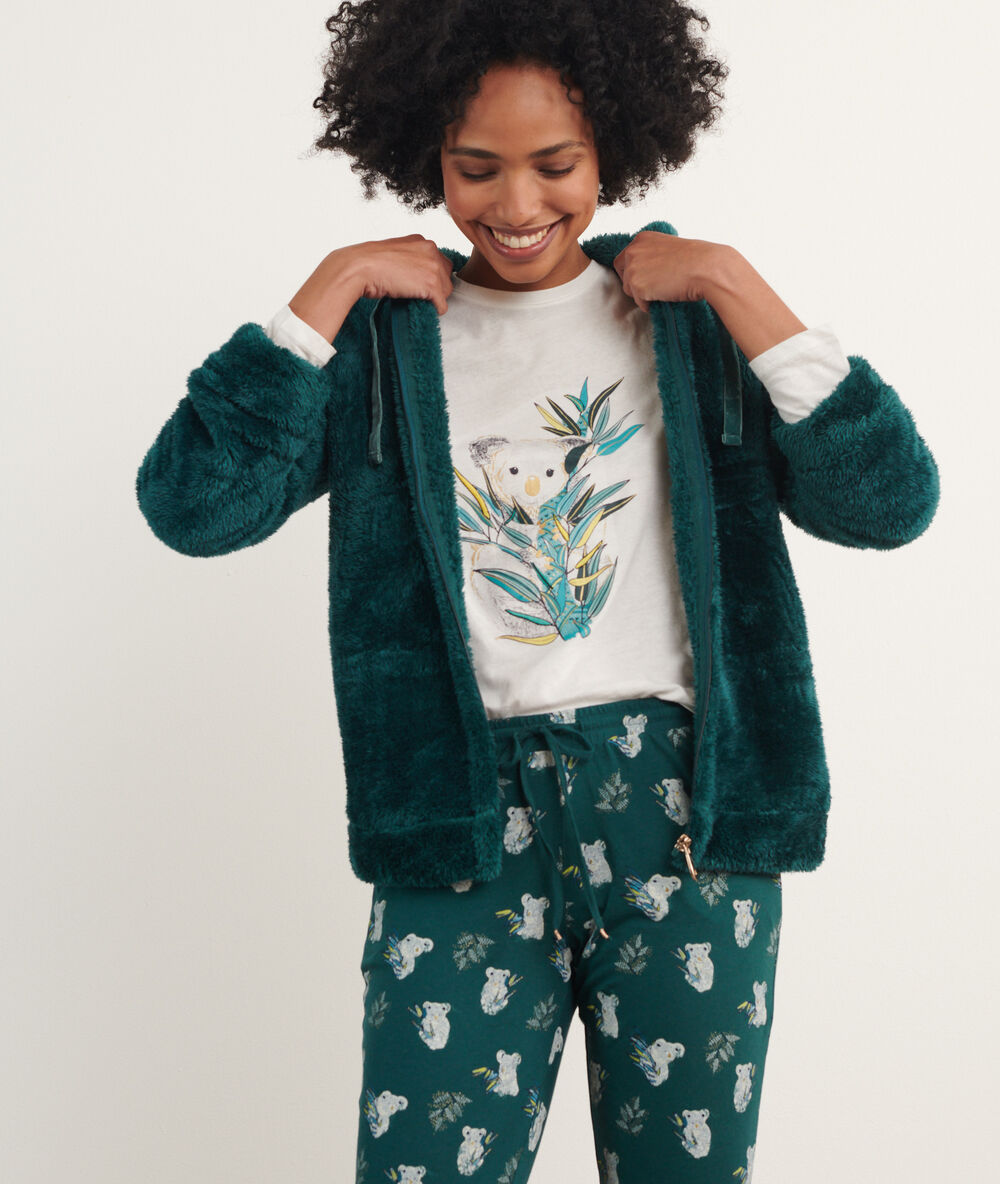 Pyjama 3 pièces imprimé, veste polaire vert.
