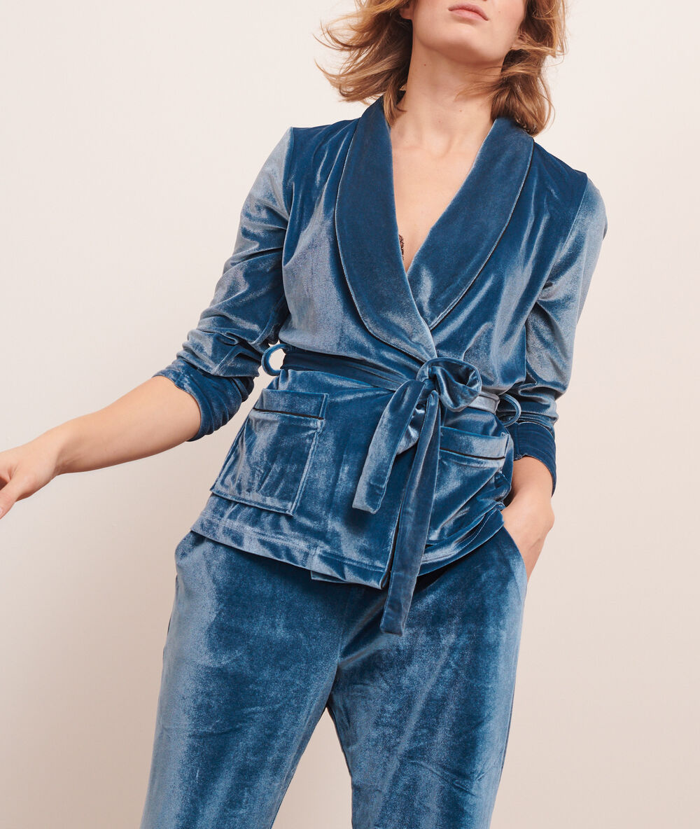 Chemise de pyjama velours bleu petrole.
