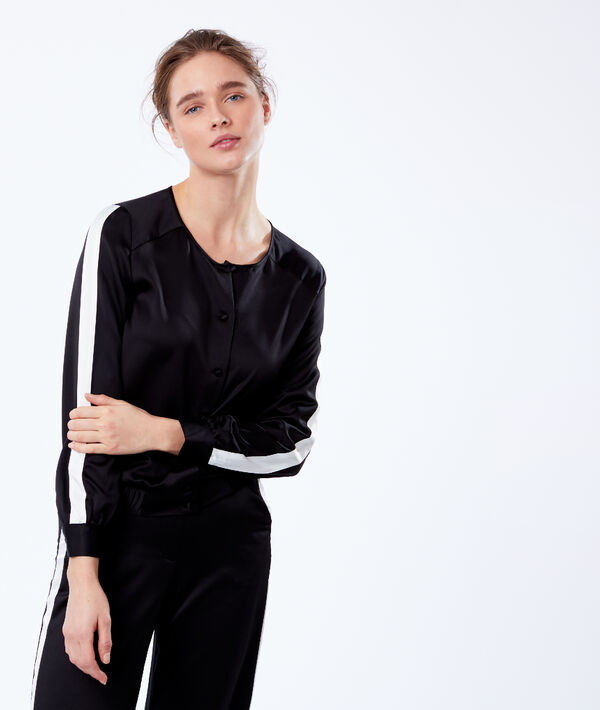 Veste satinée à bandes contrastées noir.