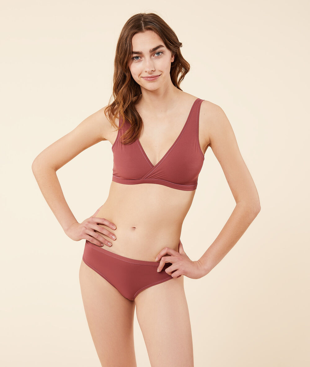 Brassière réversible cache-coeur en microfibre extensible terracotta.