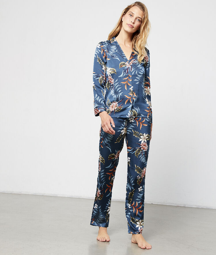 Pantalon satiné imprimé bleu.