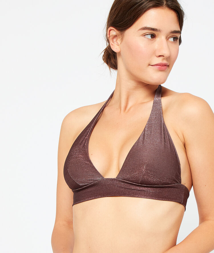 Haut de maillot de bain triangle brillant marron.