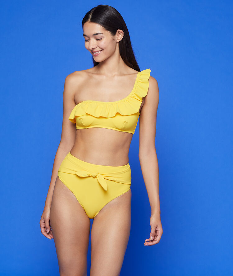 Bas de bikini taille haute à noeud jaune soleil.