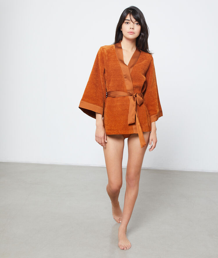 Kimono court maille chenille ocre.