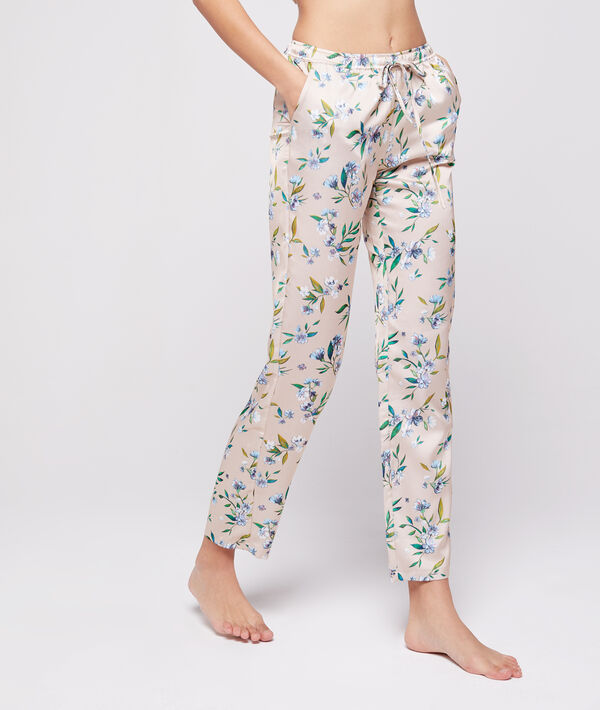 Pantalon satin imprimé beige rose.