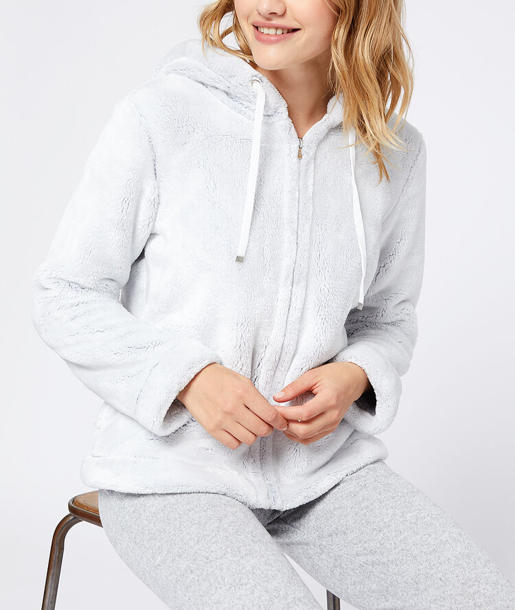 Veste fausse fourrure à capuche ecru.