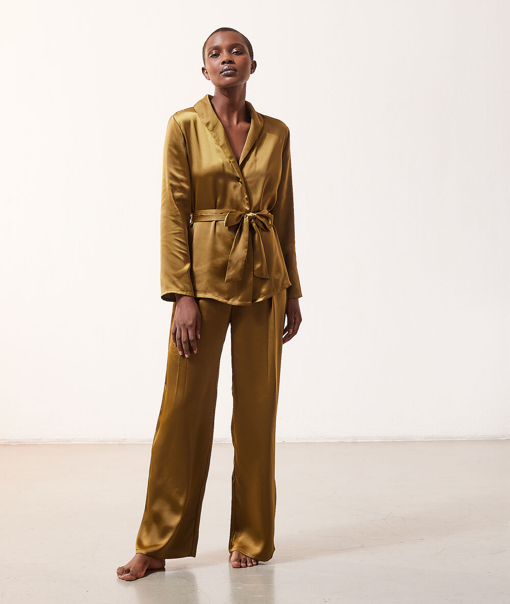 Pantalon effet satiné bronze.