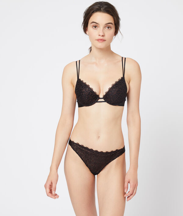 Tanga en dentelle à fibres métallisées bronze.