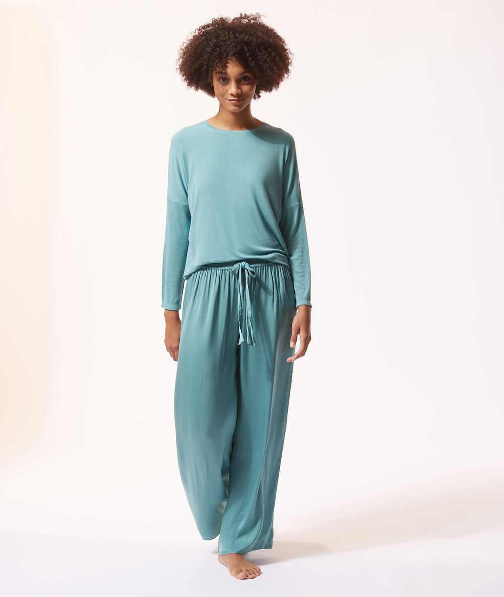 Pantalon à nouer bleu vert.