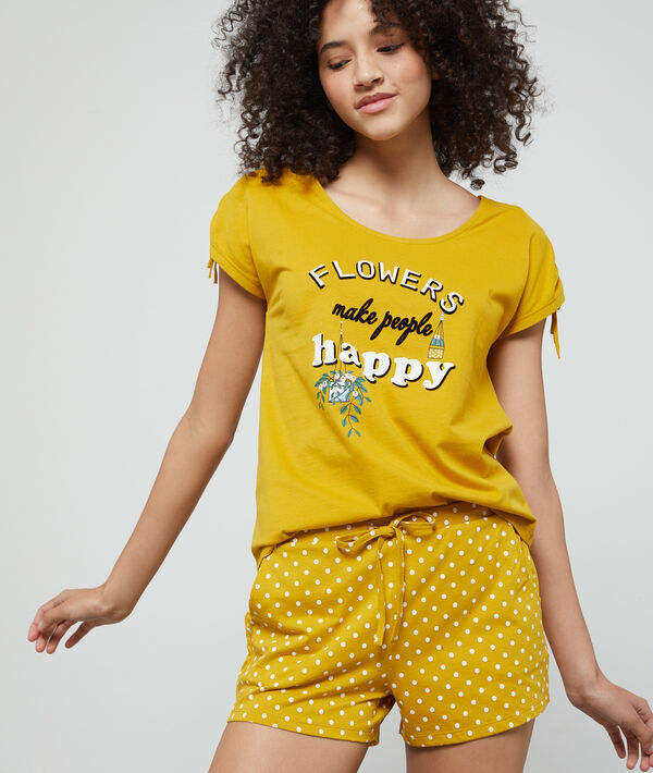 T-shirt "flowers make people happy" en coton bio jaune.