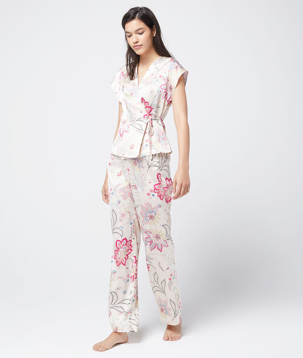 Pantalon satin imprimé ecru.