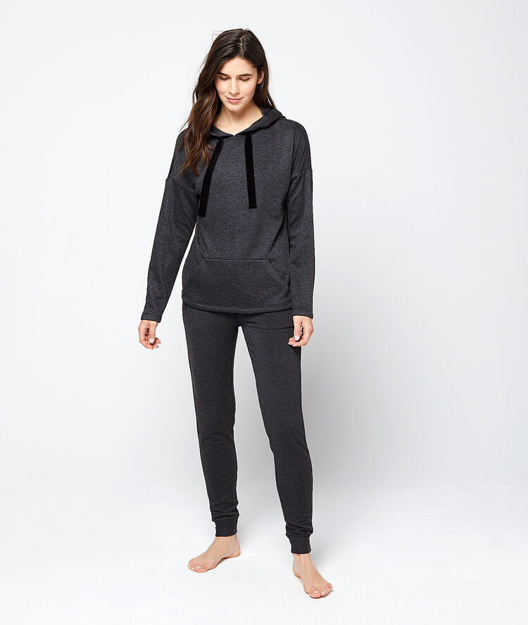 Sweat homewear à capuche liens velours gris.