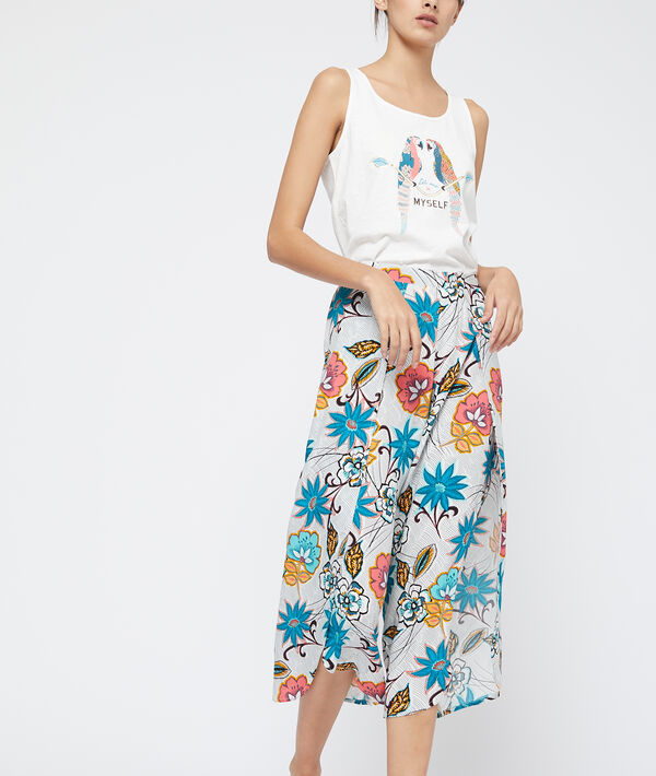 Pantalon capri imprimé bas échancré bleu.