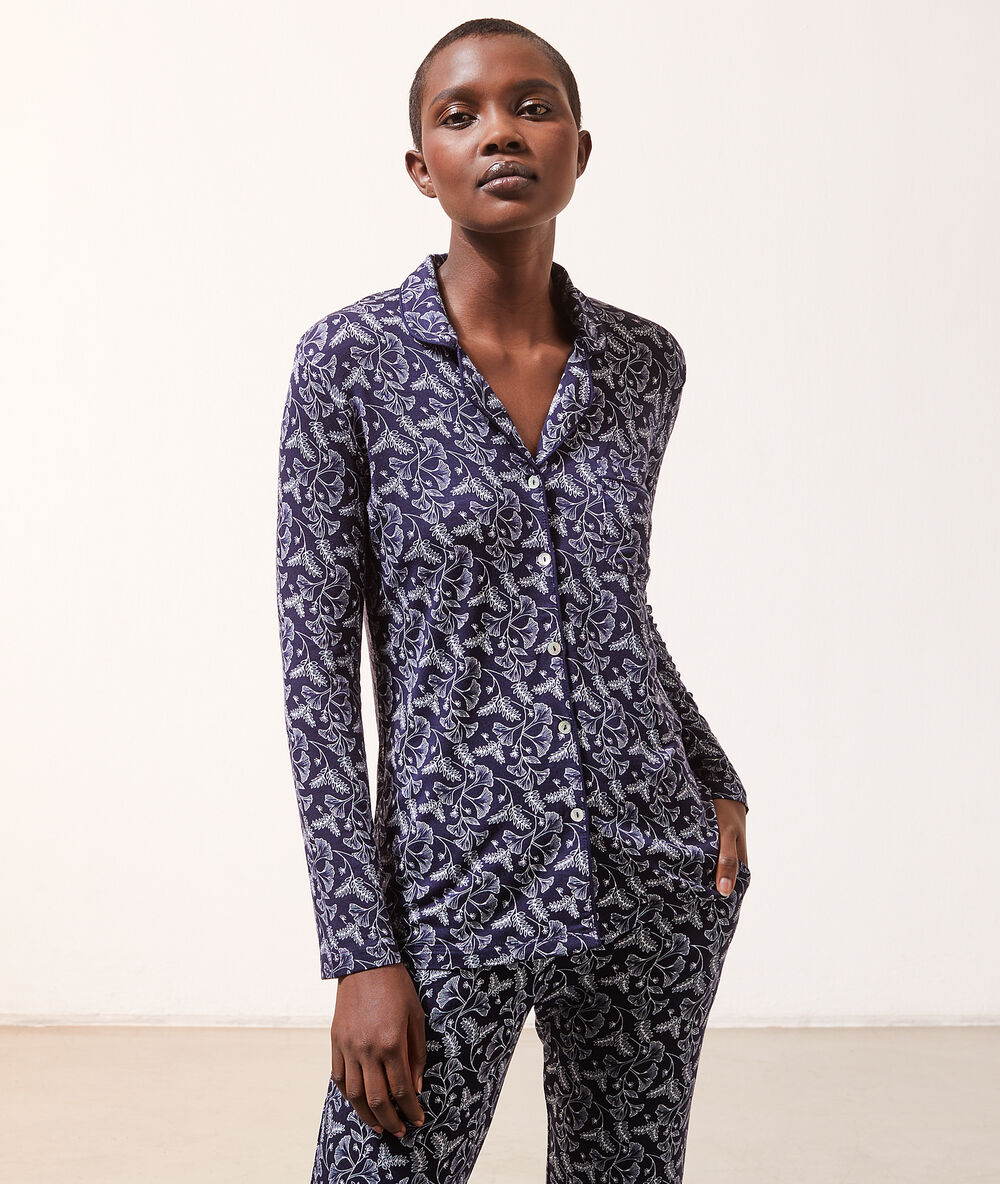 Chemise satinée imprimé fleuri marine.