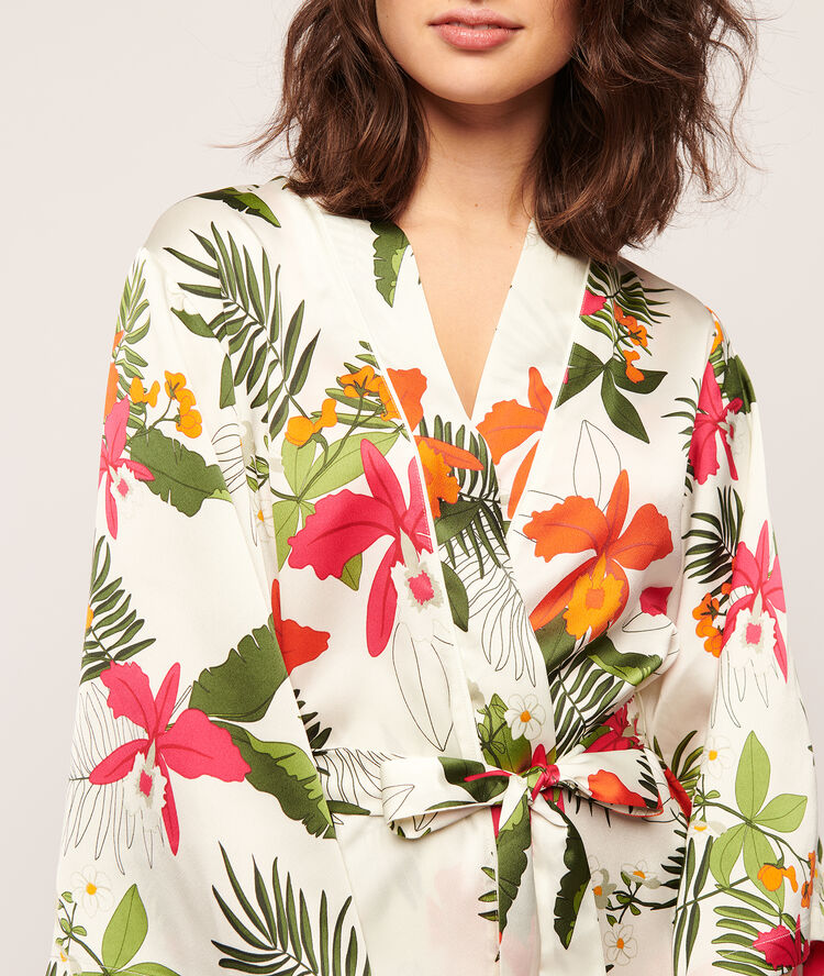 Kimono satiné imprimé tropical ecru.