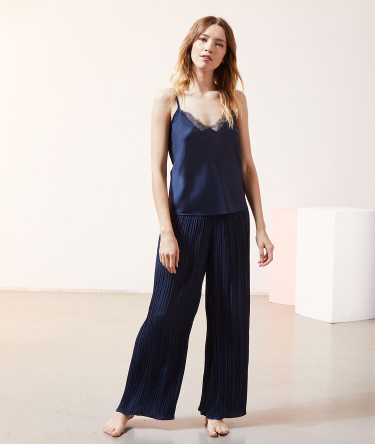 Pantalon plissé satiné marine.