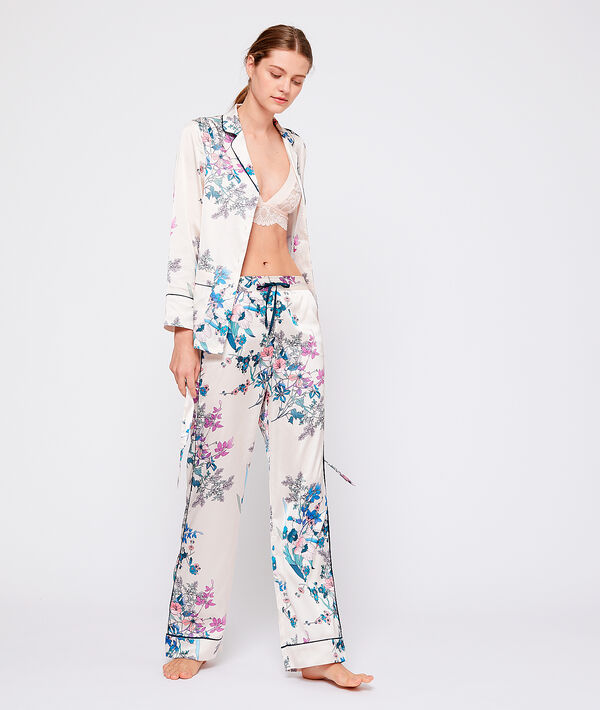 Pantalon satin imprimé fleuri ecru.