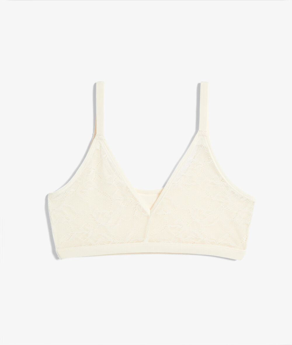 Brassière réversible en dentelle et microfibre extensible ecru.