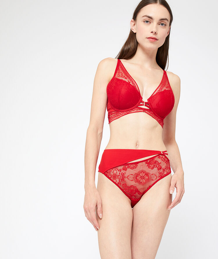 Soutien-gorge n°6 - triangle naturel en dentelle à liens rouge.