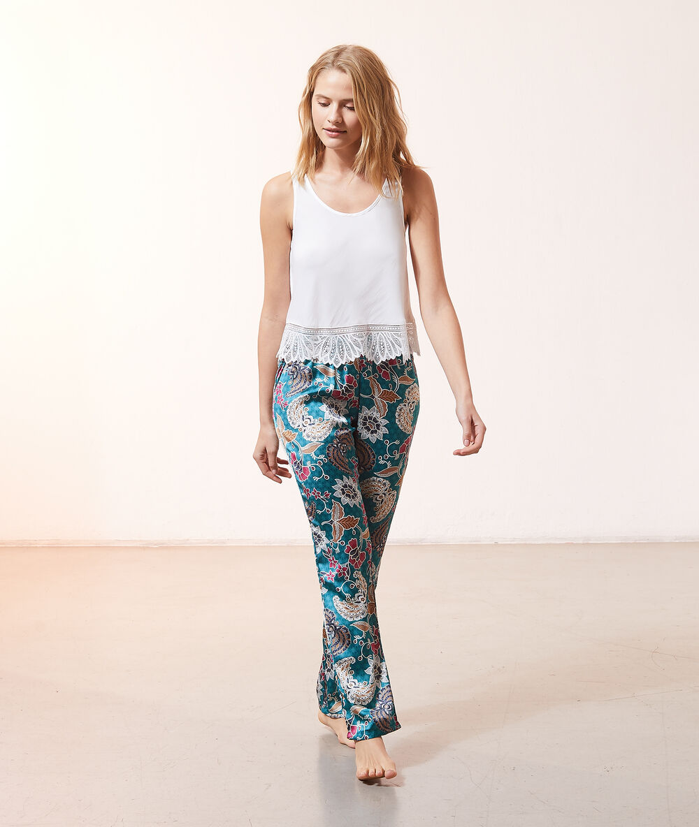 Pantalon de pyjama imprimé et satiné bleu canard.