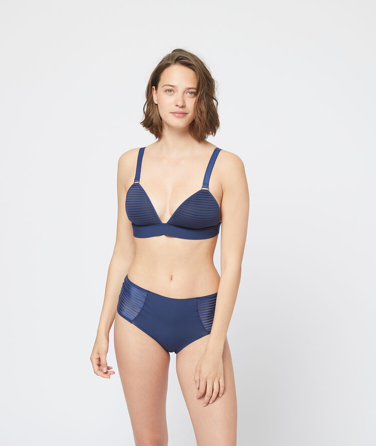 Culotte en microfibre, ajouré de tulle marine.