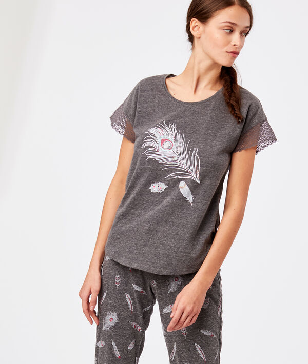 T-shirt manche dentelle imprimé plume T-shirt manche dentelle imprimé plume