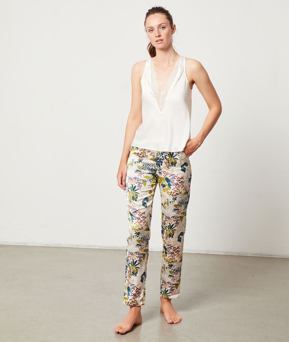 Pantalon imprimé feuillage ecru.