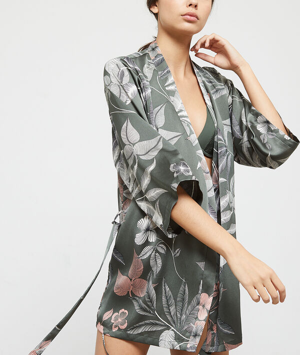 Kimono satiné imprimé fleuri Kimono satiné imprimé fleuri