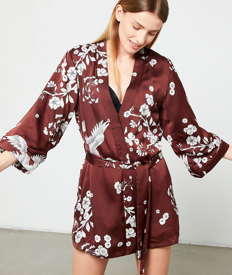 Kimono satiné chaud doublure doudou marron.