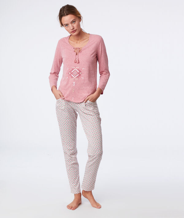 T-shirt imprimé col noué rose.