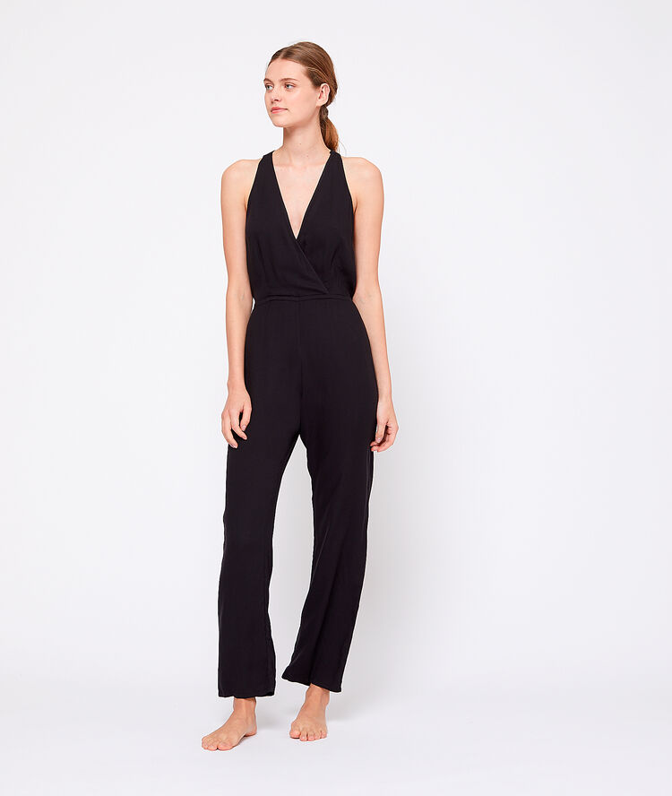 Combi pantalon fluide dos travaillé macramé noir.
