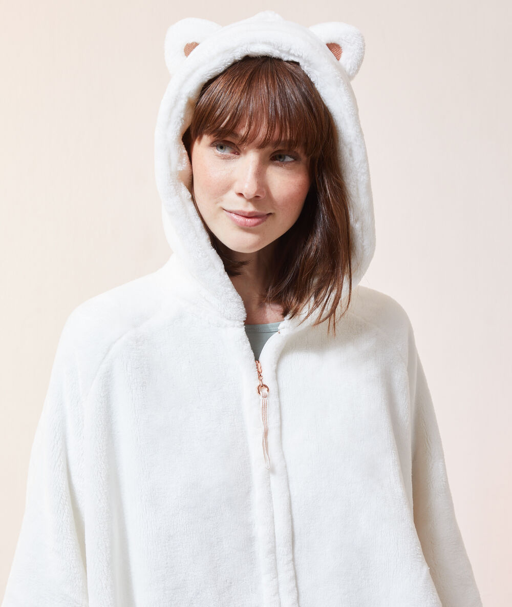 Poncho polaire chat ecru.