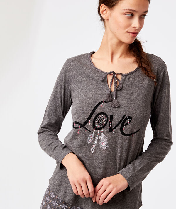 T-shirt col noué "love" anthracite.