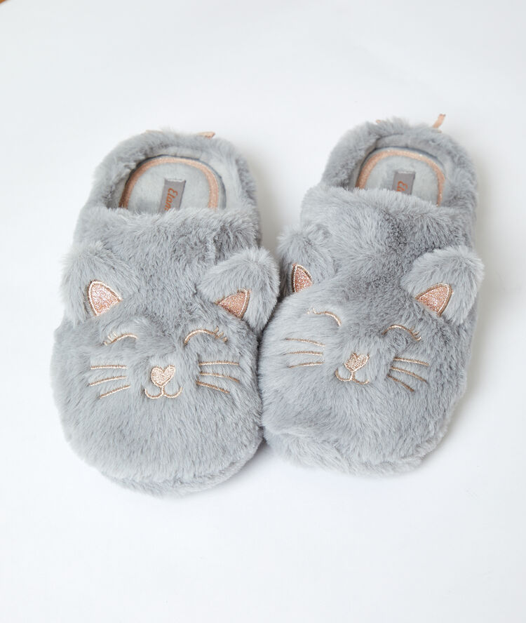 Mules chat en fausse fourrure gris.