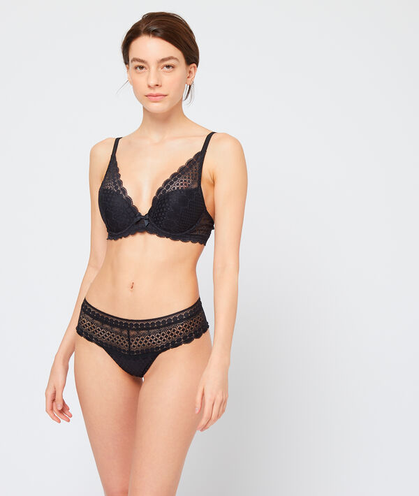 Tanga en dentelle géométrique noir.