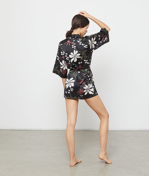 Kimono satiné imprimé fleuri Kimono satiné imprimé fleuri