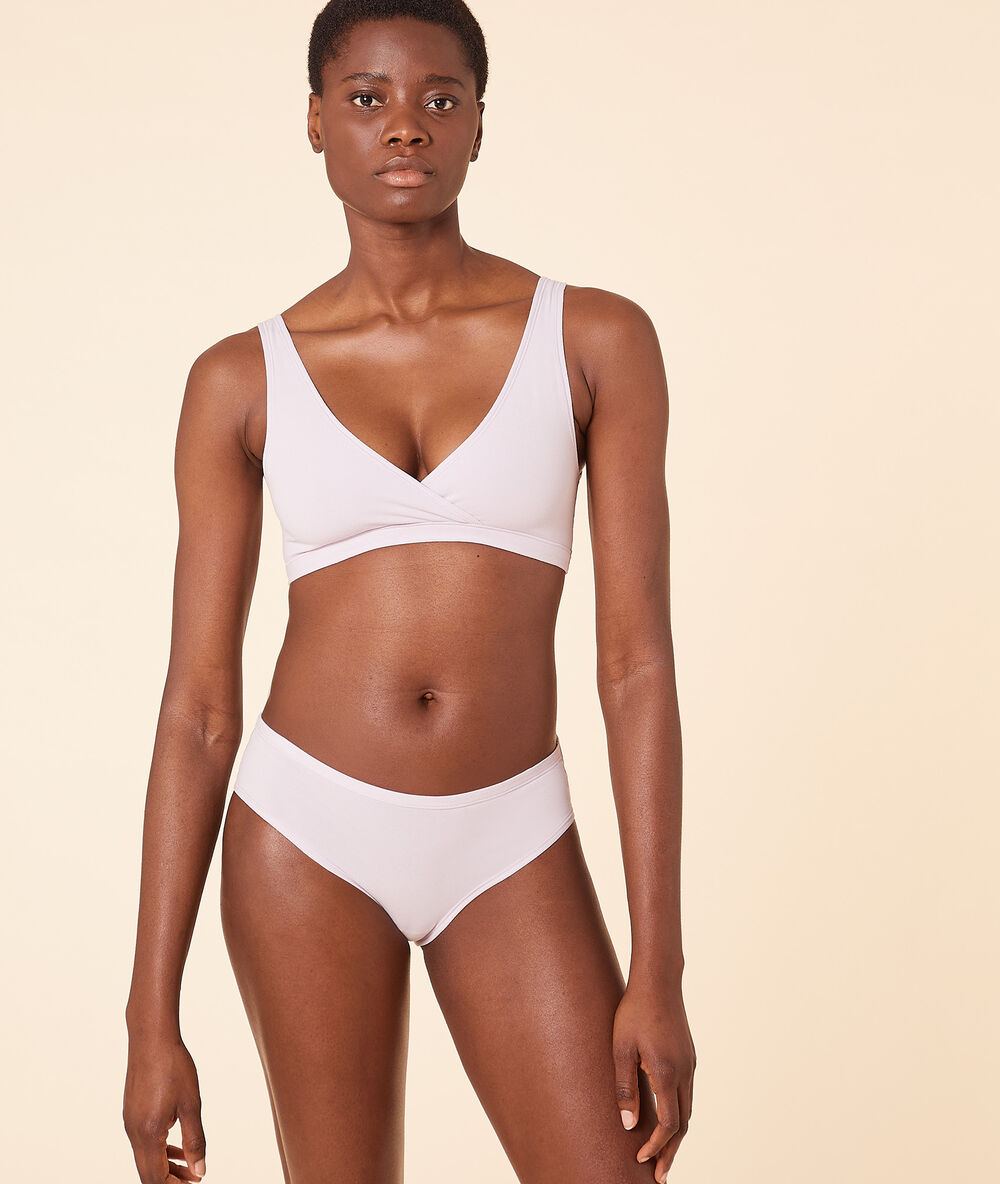 Brassière réversible en coton bio extensible lilas.