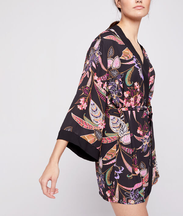 Kimono déshabillé satin imprimé noir.