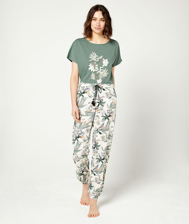 Pantalon imprimé feuillage à nouer ecru.