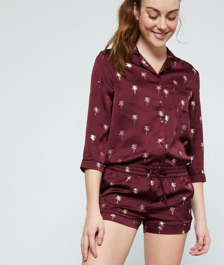 Chemise de nuit imprimé palmiers bordeaux grenat.
