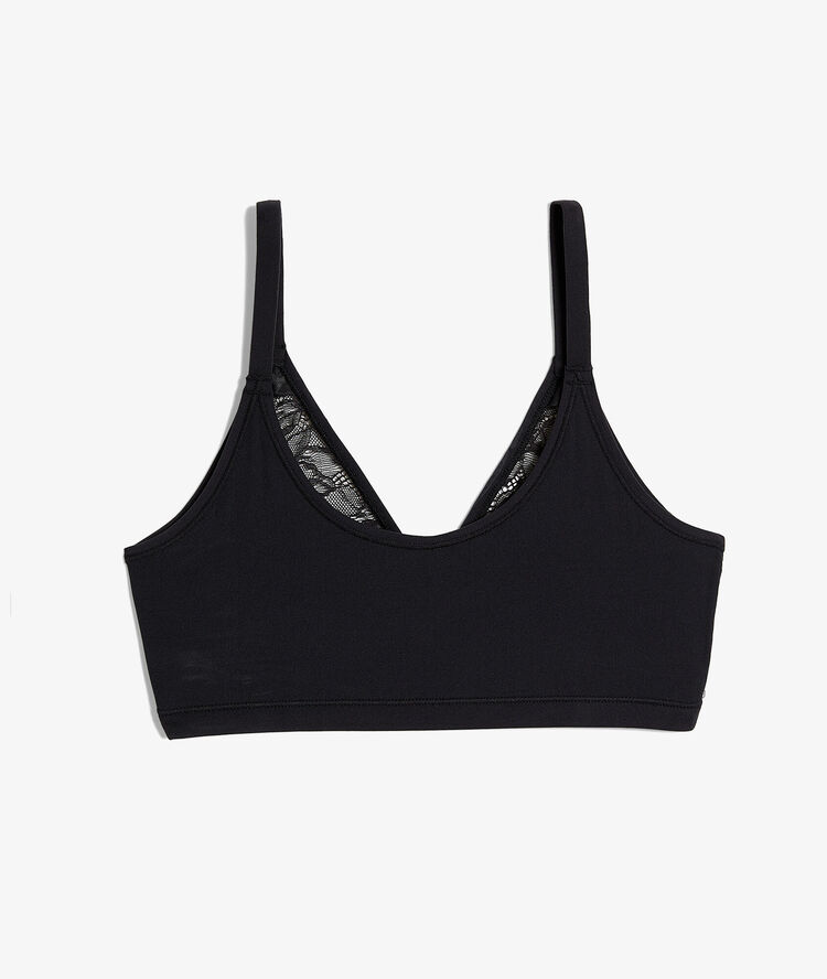 Brassière réversible en dentelle et microfibre noir.