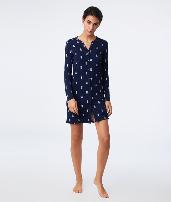 Chemise de nuit boutonnée imprimé ananas marine.