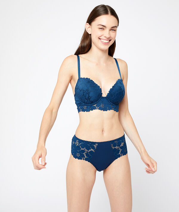 Soutien-gorge n°5 - coques fines et dentelle recyclée bleu canard.