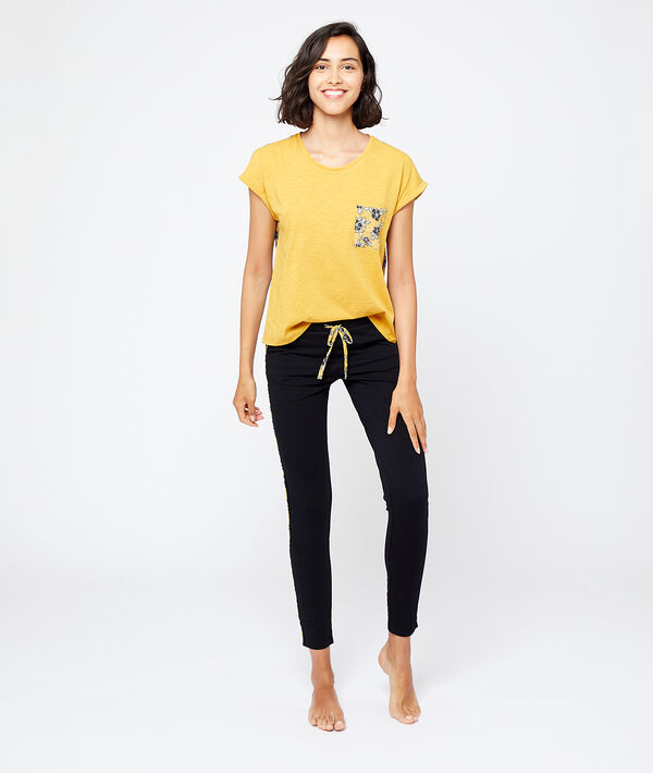 T-shirt dos fleuri message "exotique" ocre.