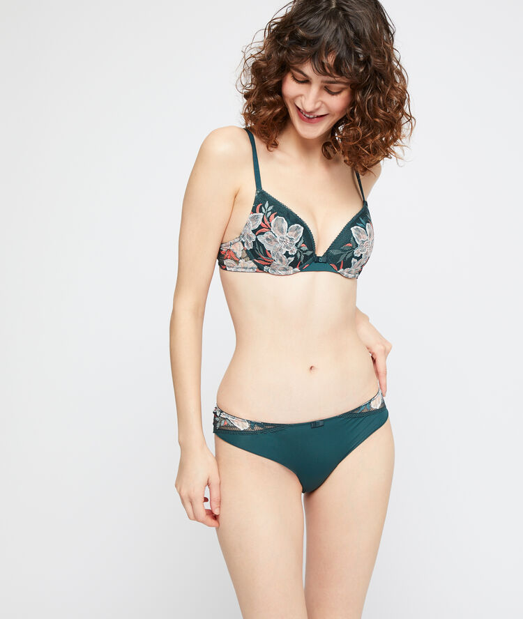 Soutien-gorge n°2 - push-up plongeant, dentelle imprimée vert.