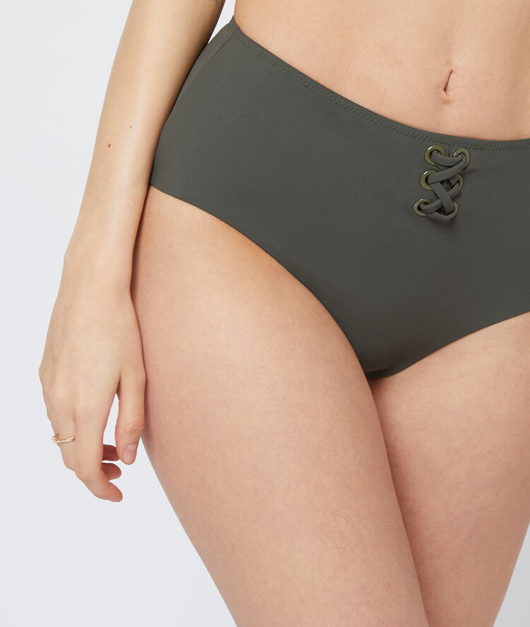 Bas de bikini taille haute, laçages kaki.