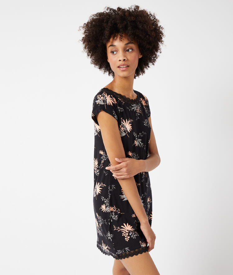 Chemise de nuit imprimée, détails dentelle noir.