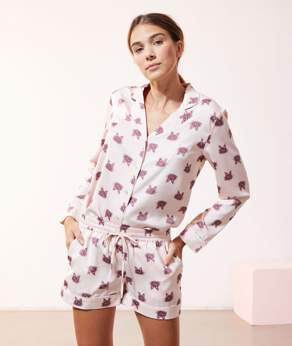 Chemise manches longues imprimé chats rose.