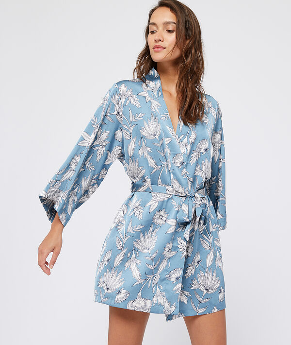 Kimono satiné imprimé fleuri Kimono satiné imprimé fleuri