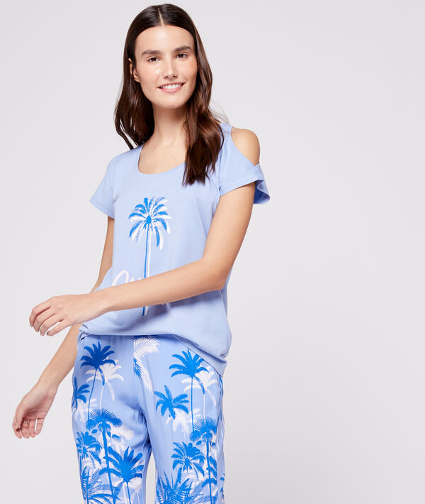 T-shirt épaules dénudées "queen of vacation" bleu.